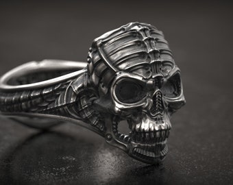 H.R. Giger Inspired , Biomechanical Skull Ring, Mens Ring, Prometheus , Xenomorph , Protomorph , Covenant , Alien, 3d printed Jewelry,