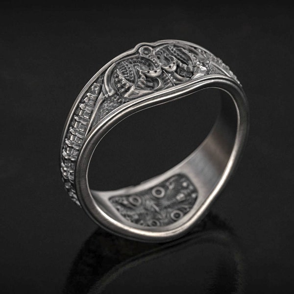 MR. Giger Inspired , Biomechanical Band Ring, Engagement Ring, Prometheus , Xenomorph , Protomorph , Covenant , Alien, 3d printed