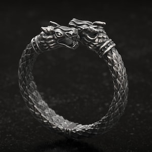 Könnte beinhalten: Silberfarbener Ring mit zwei Drachenköpfen, die sich gegenüberstehen. Der Ring hat ein strukturiertes, schuppenartiges Muster entlang des Bandes. Die Drachen weisen detaillierte Merkmale auf, darunter offene Münder und aufwendige Schnitzereien. Ein auffälliges Fantasy-Accessoire.