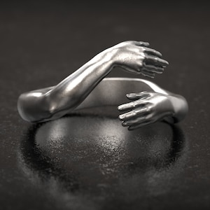 Love Hug Ring, Hug Hand Ring, Adjustable Hug Ring, 925 Sterling Silver, Hug ring hands, Oxidized, 3d printed Jewellery, Gifts for Lovers