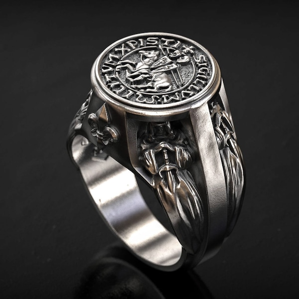 Medieval Knights Templar Ring, Mens Ring, Seal of Knights Templar, 3D Print , 3d printed Jewelry , 3d Printed , Sterling Silver, Oxidized,