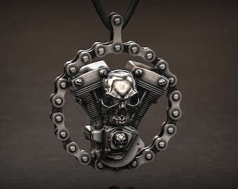 Silver Bicycle Skull Motorcycles Engine Pendant, Harley Davidson Pandant, Mechanic Motorcycle Gear Wheel, Skull Pendant, Twin Engine V2