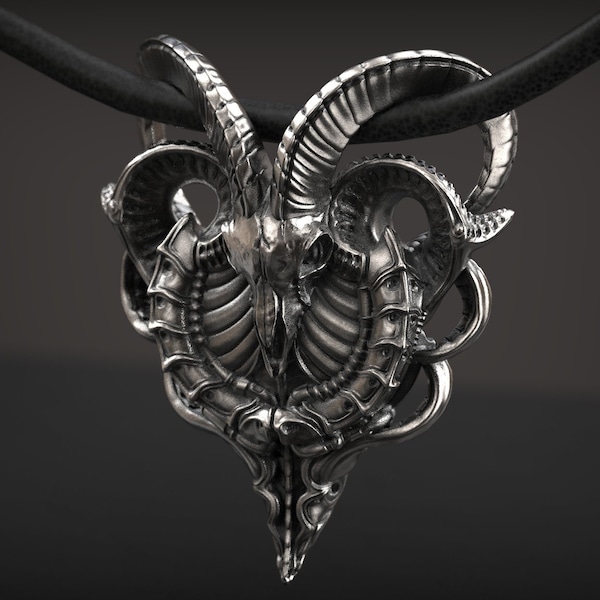 H.R. Giger Inspired, Goat Skull pendant, Biomechanic Goat Skull Pendant, Giger Style Pendant, Bionic Goat, Giger Skull, 3d printed Jewellery