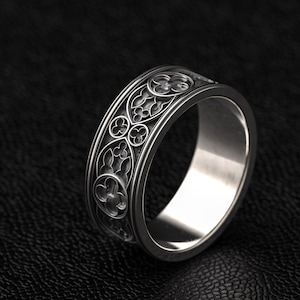 Gotische Masverk-ring, middeleeuws kasteel zilveren gotische ring, kathedraalring, handgemaakte middeleeuwse sieraden, vintage cadeau, oude kruisring