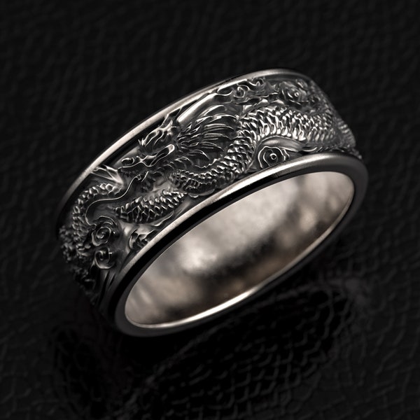 Chinese Dragon Signet Ring, Fantasy Dragon Ring, Mythical Creature Ring, Asian Collection, Dragon Lovers Gift, 3d printed Jewelry, Silver