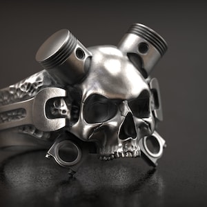 Piston Wrench Skull Ring, Biker Ring, Man Ring, Motorcycle, Punk Ring, Occult, 3D Print, 3d printed Jewellery, 3d Printed, Sterling Silver