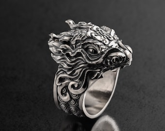 Chinese Dragon Signet Ring, Fantasy Dragon Ring, Mythical Creature Ring, Asian Collection, Dragon Lovers Gift, 3d printed Jewelry, Silver