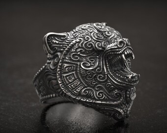 Bear ring, Silver Bear Ring, Totem Bear, 3D Print, 3d printed Jewelry, 3d Printed, Sterling Silver Bear, Floral Bear, Animal Jewelry,