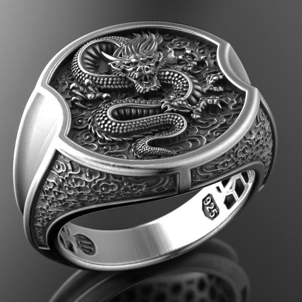 Chinese Dragon Signet Ring, Fantasy Dragon Ring, Mythical Creature Ring, Asian Collection, Dragon Lovers Gift, 3d printed Jewelry, Silver