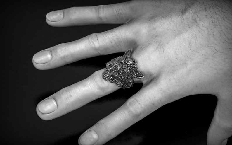 May include: A detailed silver ring featuring a wolf's head design. The ring is worn on a hand, showcasing the intricate details of the wolf's face and the ring's overall craftsmanship. The ring is a piece of jewelry.