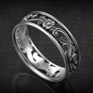 Floral Pattern Ring, Wedding Band Ring, Filigree Style, Unique Ring, Floral Band, Botanical Ring, Nature Inspired, 3d printed Jewelry,