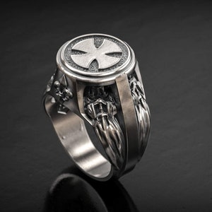 Medieval Knights Templar Ring, Mens Ring, Seal of Knights Templar, Templar Cross , 3d printed Jewelry , Sterling Silver, Oxidized,