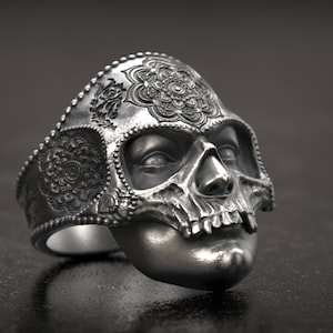 Santa Muerte Ring, Skull Ring, Mens Skull Ring, Silver Skull, Sugar Skull Ring, Ring with Skull, Mandala Ring, Mandala Signet
