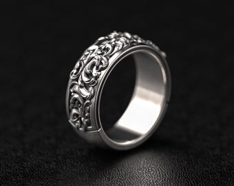 Vintage Baroque Ring, Baroque pattern ring, Floral Pattern Ring, 3d printed Jewelry, Oxidized Vintage Band Ring,