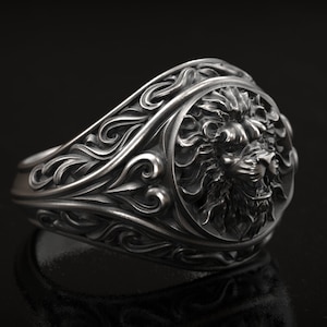 Vintage Lion Ring, Baroque style Lion, Silver Lion Ring, Lion Head Ring, Gothic Lion, Lion Crest Ring, 3d printed Jewelry, Animal Jewelry