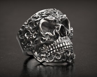 Flame Skull Ring, Fire Ring, Fire Skull, Biker Ring, Man Ring, Punk Ring, 3D Print, 3d printed Jewelry, 3d Printed, Sterling
