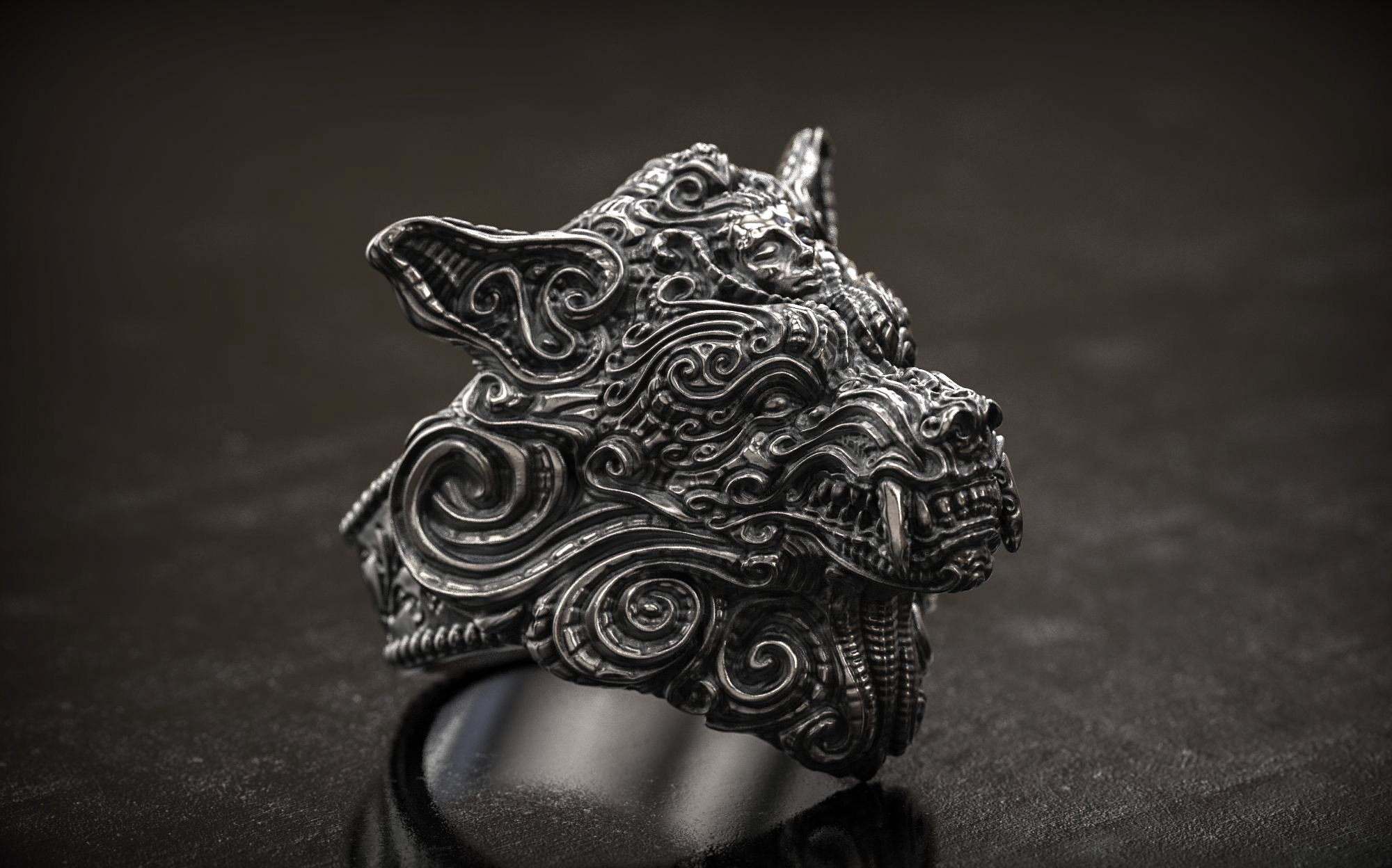 Ornate Wolf Ring, Silver Wolf Ring, Totem Wolf, 3D Print, 3d