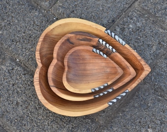 Set of 3 Wooden Salad Serving Plate, Hand Carved Wood Heart Shape Bowls, Wooden Dinner Set  Decorative Kitchen Bowl, Wood Candle Containers