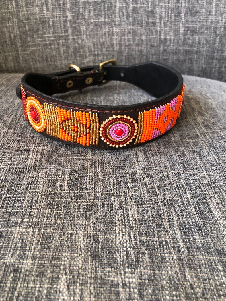 African Beaded Leather Dog Collar, Maasai Handmade Dog Collar, Personalized Bead Dog Collar, Kenyan Dog Collar African Pet Jewelry G image 5