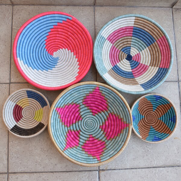 Woven Wall Decor Basket Set, African Home Decor Wall Basket Collection, Woven Basket Set of 5 , Wall Hanging Decorative Rwanda Baskets
