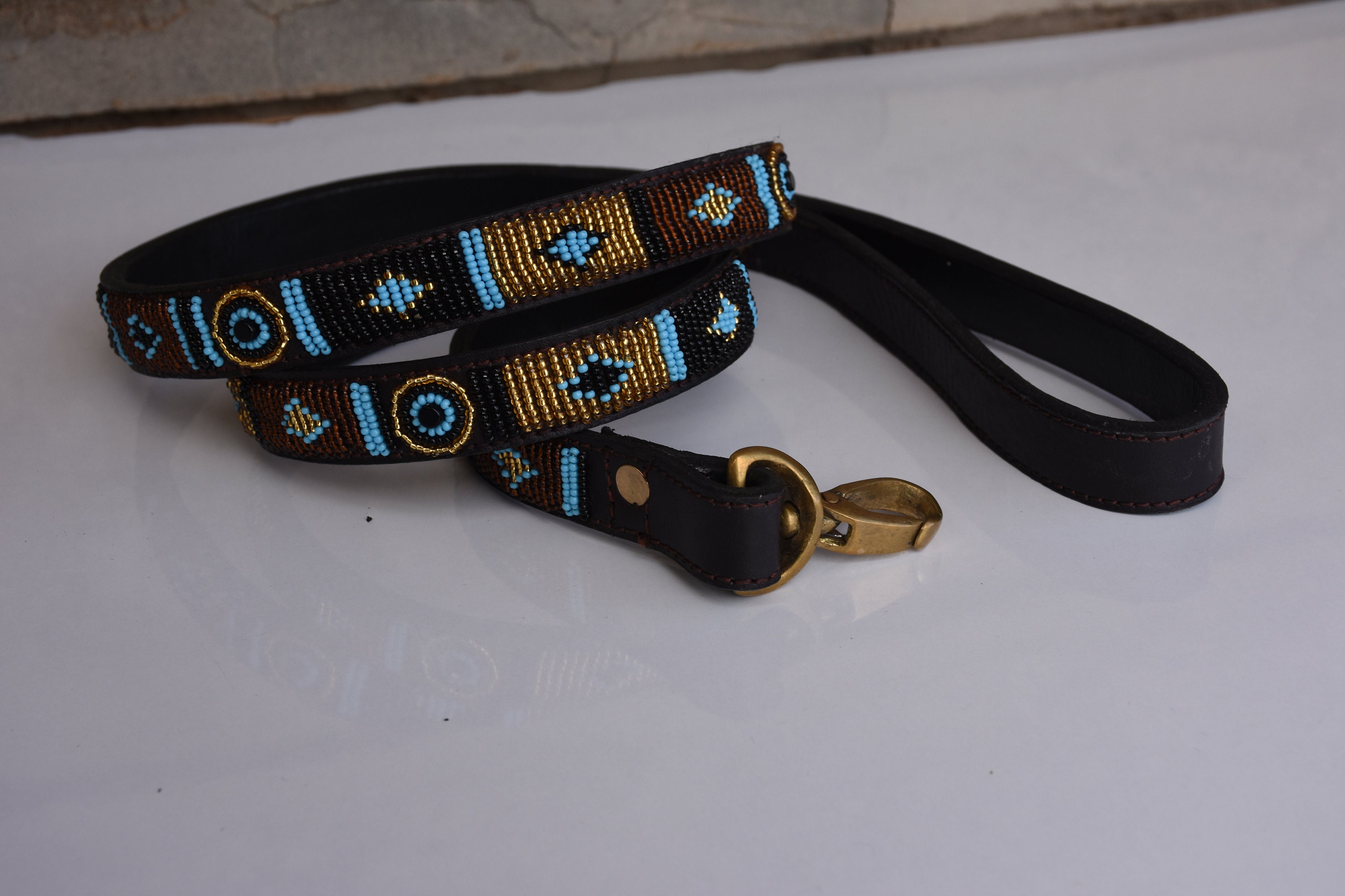 Tombstone Beaded Dog Collar and Matching Leash Size S (11 to 14)