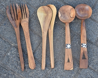 Juego de utensilios de cocina de madera, cucharas de ensalada de madera tallada, cucharas de madera africanas hechas a mano, juego de 2 cucharas de cocina de madera de olivo, regalo del día de las madres