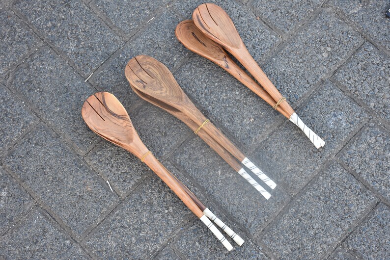 Wooden Kitchen Utensil Set, Carved Wood Salad Spoons, Handmade African Wooden Spoons, Set of 2 Olive Wood Cooking Spoon, Mothers day gift image 2