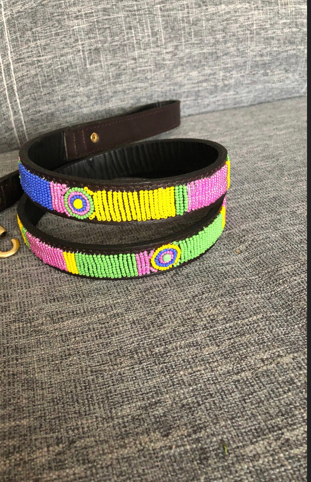 African Beaded Leather Dog Collar, Maasai Handmade Dog Collar