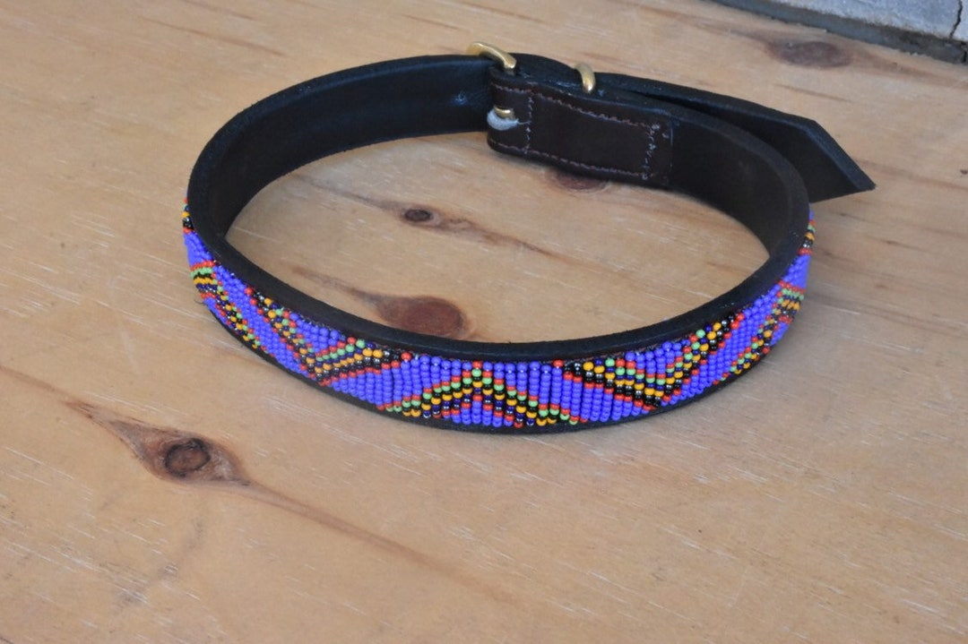 African Leather Dog Collar, Beaded Maasai Handmade Dog Collar, African