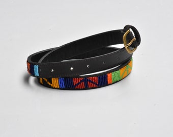 African Beaded Leather Belt,Maasai Beaded Leather Belt, Women Casual Leather Belt, Unisex Belt, Handmade Brass Buckle Leather Belt ,