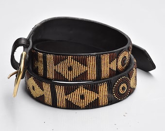 ON SALE African Beaded Leather Belt, Maasai Beaded Leather Belt, Men Casual Leather Belt, Unisex Belt, Handmade Brass Buckle Leather Belt ,