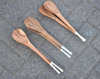 Juego de utensilios de cocina de madera, cucharas de ensalada de madera tallada, cucharas de madera africanas hechas a mano, juego de 2 cucharas de cocina de madera de olivo, regalo del día de las madres