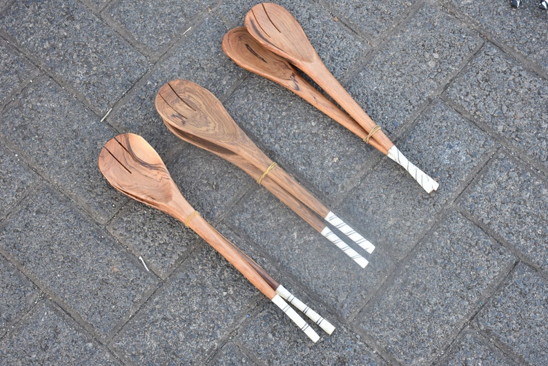 Wooden Kitchen Utensil Set, Carved Wood Salad Spoons, Handmade African Wooden Spoons, Set of 2 Olive Wood Cooking Spoon, Mothers day gift image 1