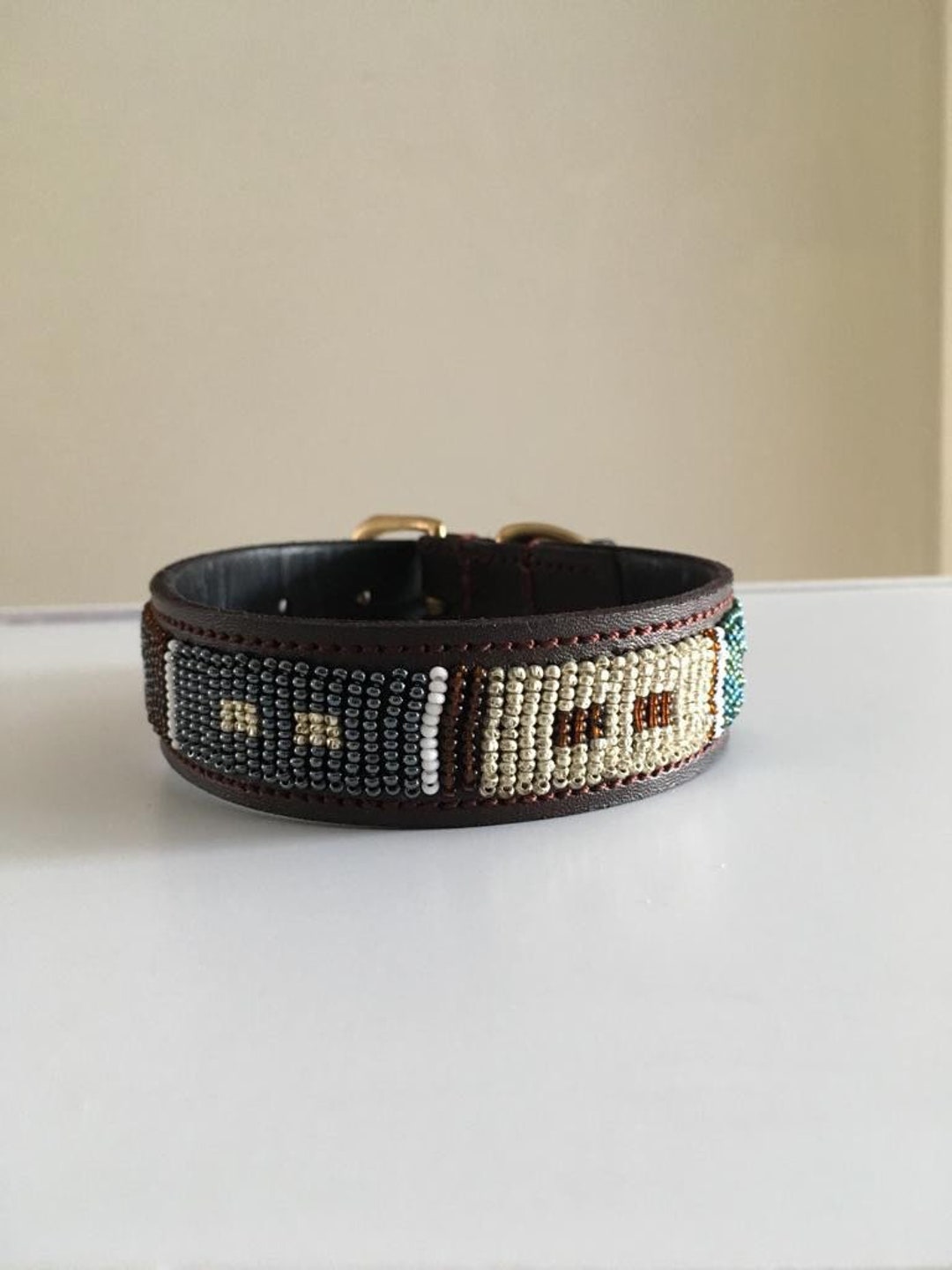 African Beaded Leather Dog Collar, Maasai Handmade Dog Collar