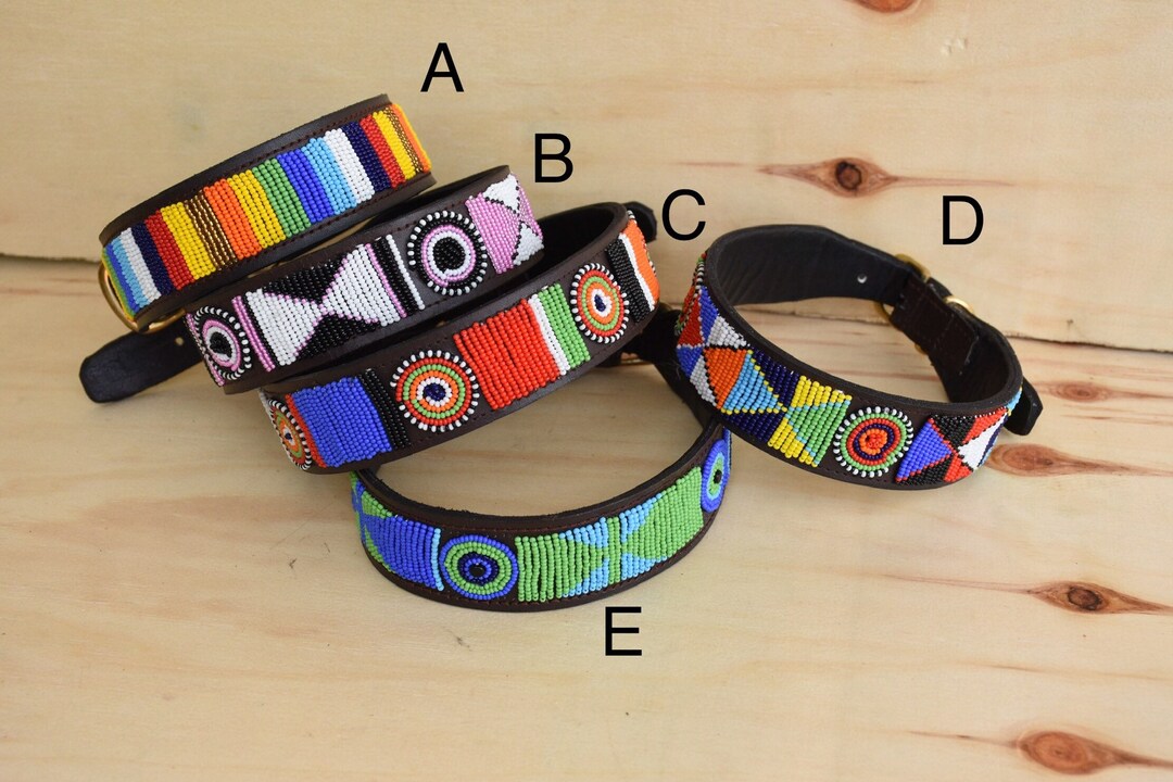 ON SALE Leather Dog Collar, African Beaded Dog Collar, Maasai Dog