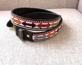 African Beaded Leather Belt, Maasai Beaded Leather Belt, Men Casual Leather Belt, Unisex Belt, Handmade Brass Buckle Leather Belt ,