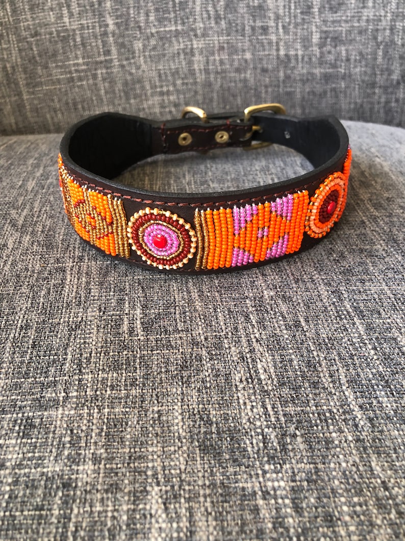 African Beaded Leather Dog Collar, Maasai Handmade Dog Collar, Personalized Bead Dog Collar, Kenyan Dog Collar African Pet Jewelry G image 3