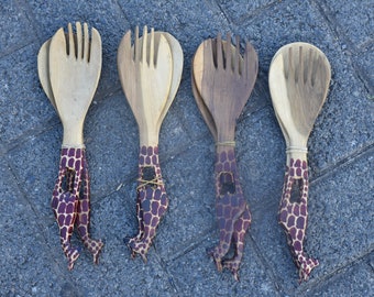 Wood Serving Spoon Carved Animal Handles , Handmade Wood Salad Servers , Set Of 2  Wood Cooking Spoons, Farmhouse Kitchen Utensils,