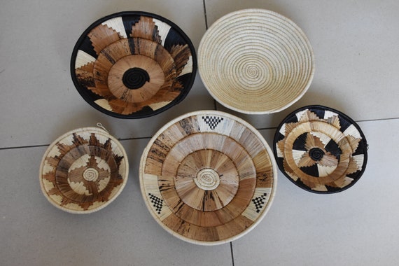 Woven Wall Basket Set of 5 Black White Basket Wall Decor African