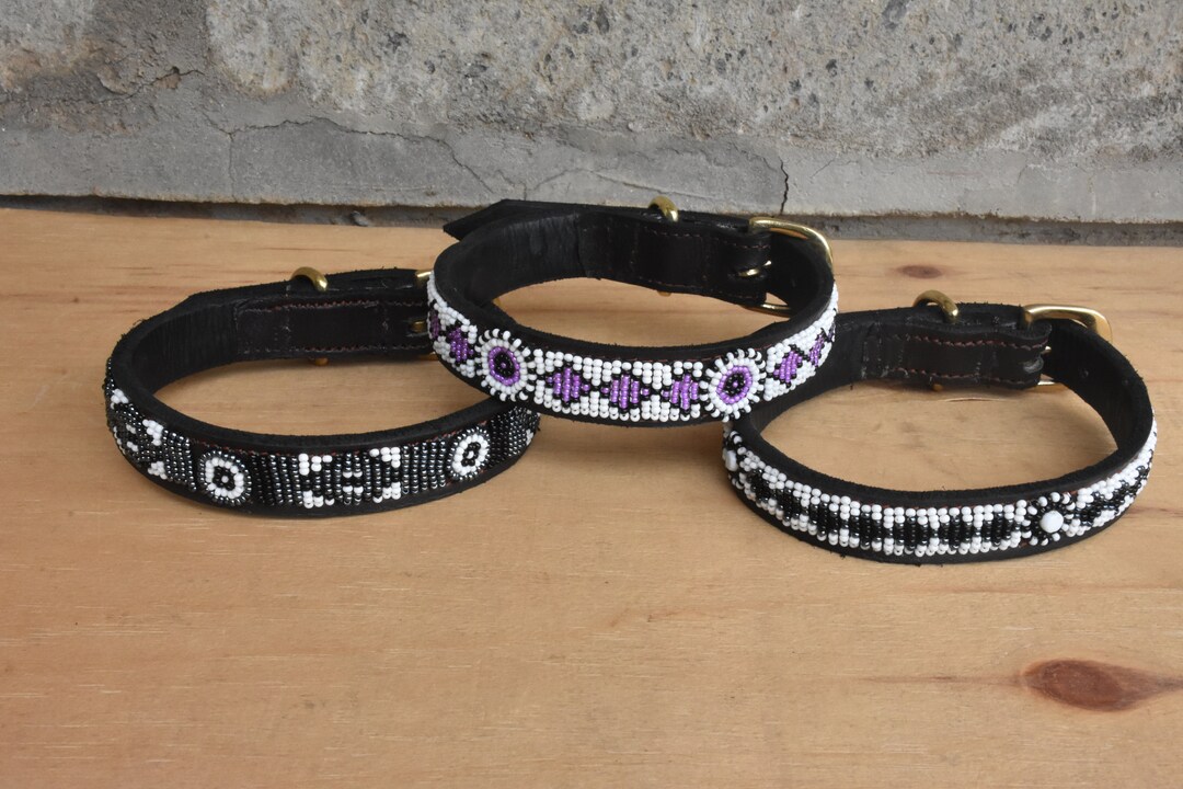 African Leather Dog Collar, Beaded Maasai Handmade Dog Collar, African