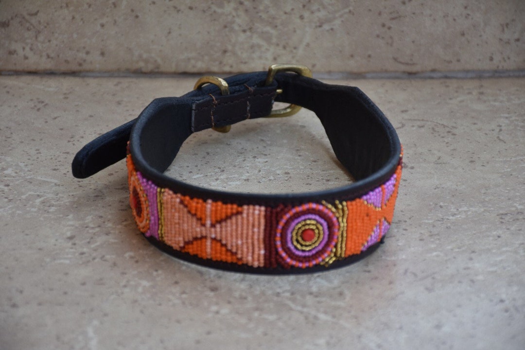 Leather Dog Collar, African Beaded Dog Collar, Maasai Dog Collar, Large
