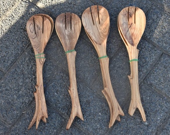 Cuchara para servir de madera, servidores de ensalada de madera hechos a mano, juego de 2 cucharas de cocina de madera talladas a mano, accesorios de cocina de madera Utensilios de granja