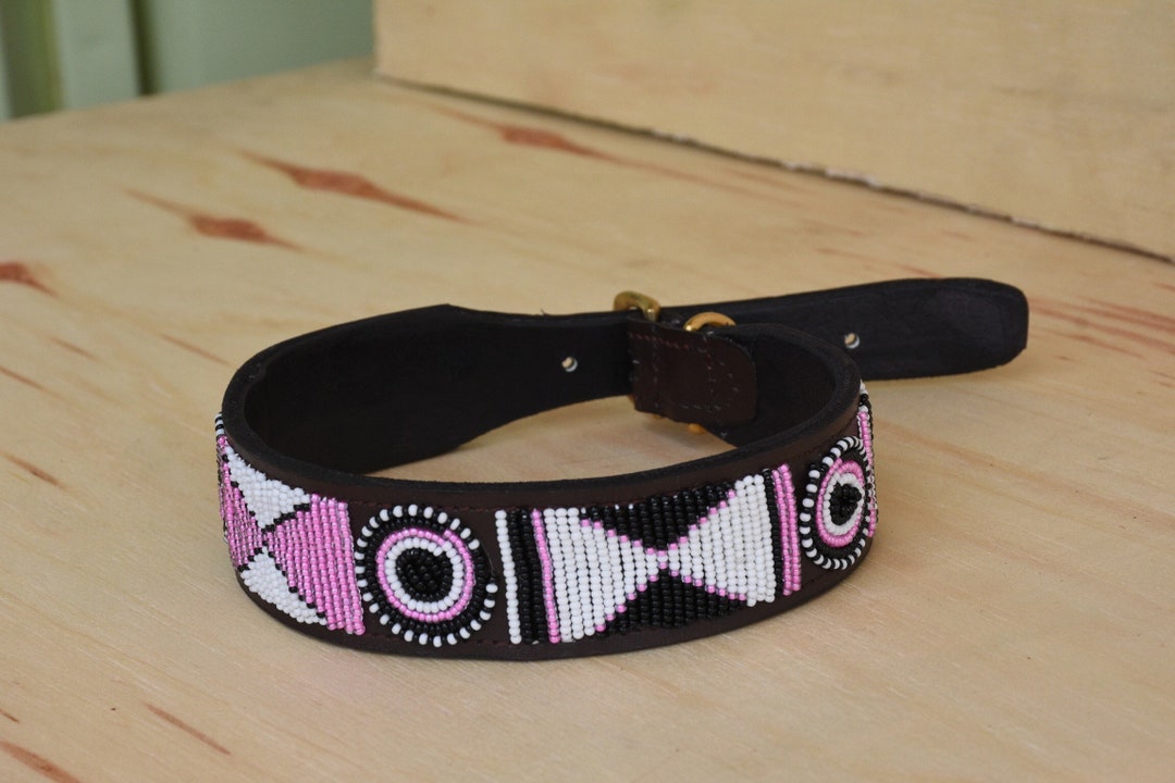 African Beaded Leather Dog Collar, Maasai Handmade Dog Collar