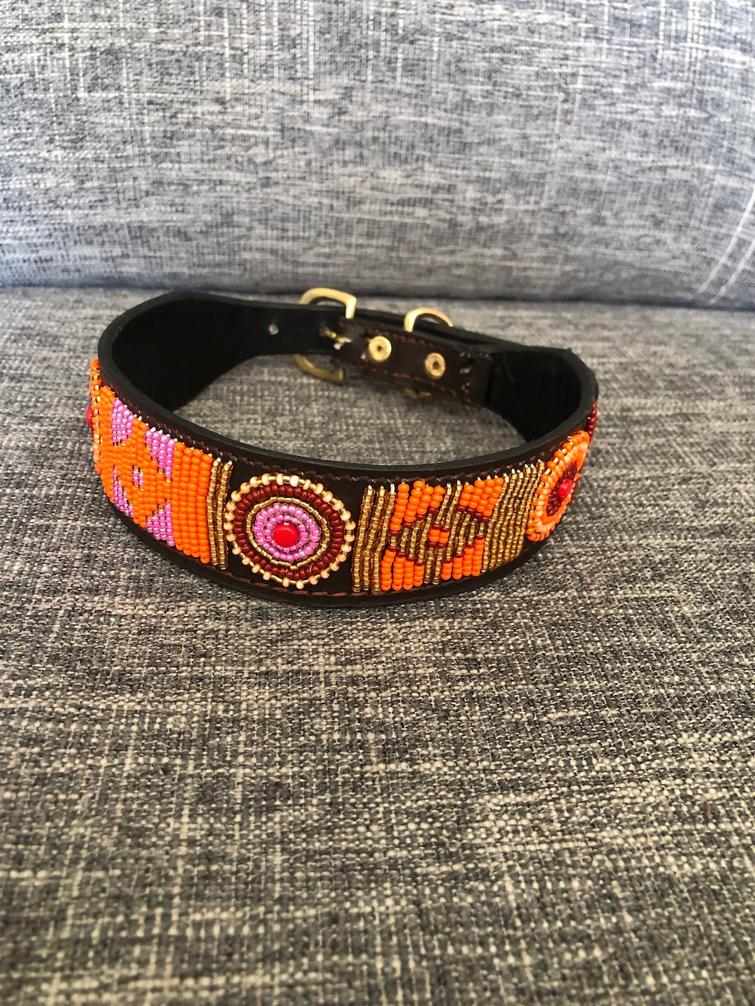African Beaded Leather Dog Collar, Maasai Handmade Dog Collar