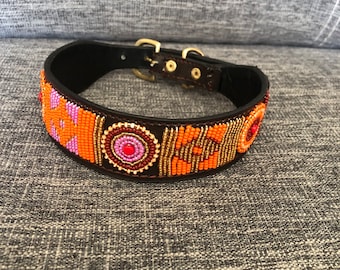 Afrikanische Perlen Leder Hundehalsband, Massai Handgefertigtes Hundehalsband, Personalisierte Perlen Hundehalsband, Afrikanischer Haustier Schmuck G