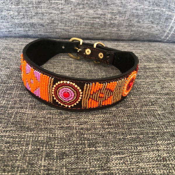 Afrikanische Perlen Leder Hundehalsband, Massai Handgefertigtes Hundehalsband, Personalisierte Perlen Hundehalsband, Afrikanischer Haustier Schmuck G