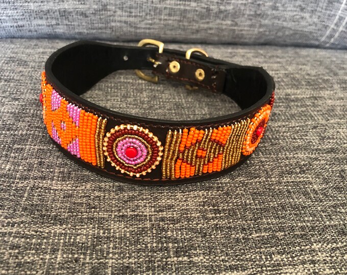 African Beaded Leather Dog Collar, Maasai Handmade Dog Collar