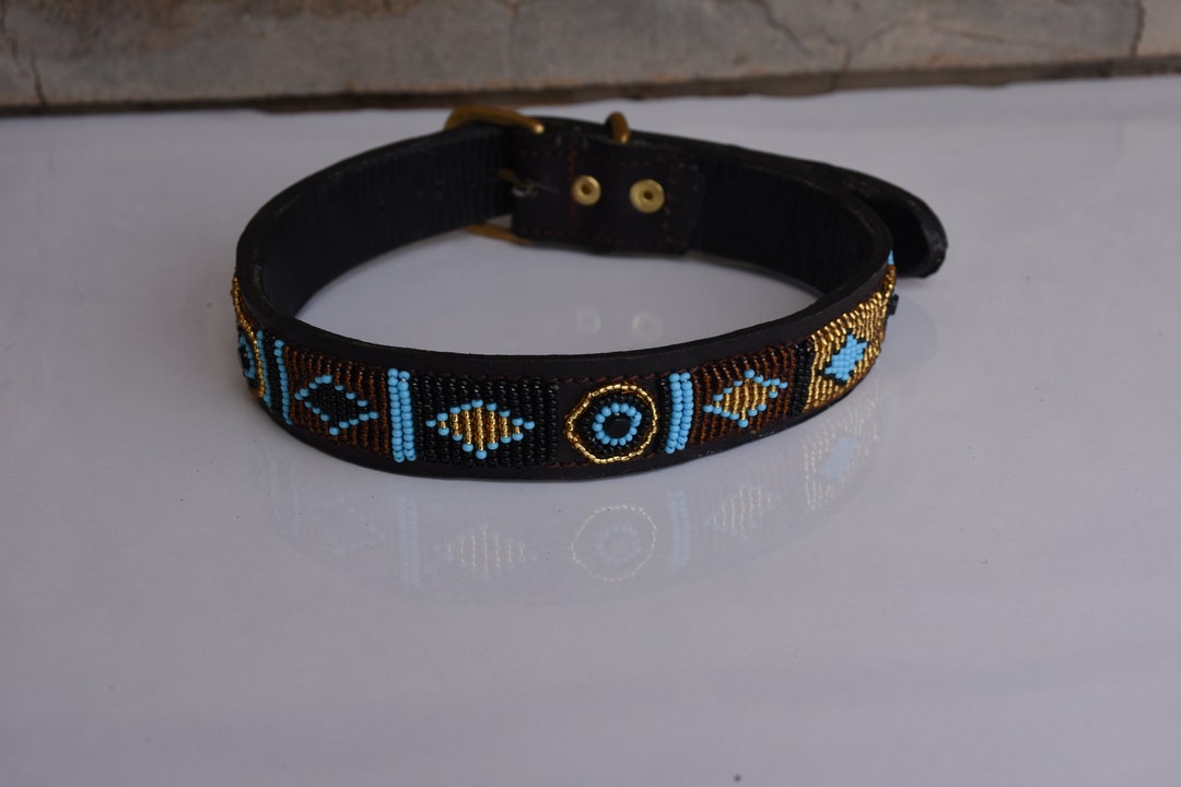 Leather Dog Collar, African Beaded Dog Collar, Maasai Dog Collar, Large