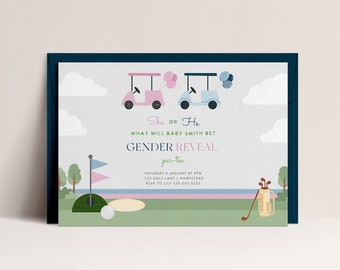 Editable Golf Baby Gender Reveal Invitation Template, Printable Golfing Theme Invitation, She or He, Let's Par-tee, Digital Download