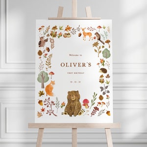 Segno di benvenuto dell'orso del bosco modificabile, compleanno del bosco, compleanno dell'orso, animali della foresta, modello stampabile, download istantaneo, Templett